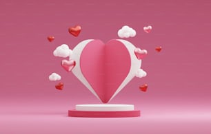 Podio astratto a forma di cuore fluttuante su sfondo rosa per la presentazione del prodotto di San Valentino Studio astratto per la visualizzazione di prodotti e pubblicità. Illustrazione del rendering 3D