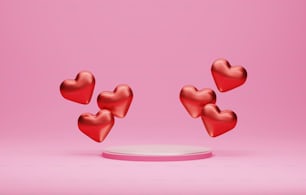 Globos rojos en forma de corazón flotando sobre el podio de fondo rosa para la presentación de productos de San Valentín Estudio abstracto para mostrar productos y anuncios. Ilustración de renderizado 3D