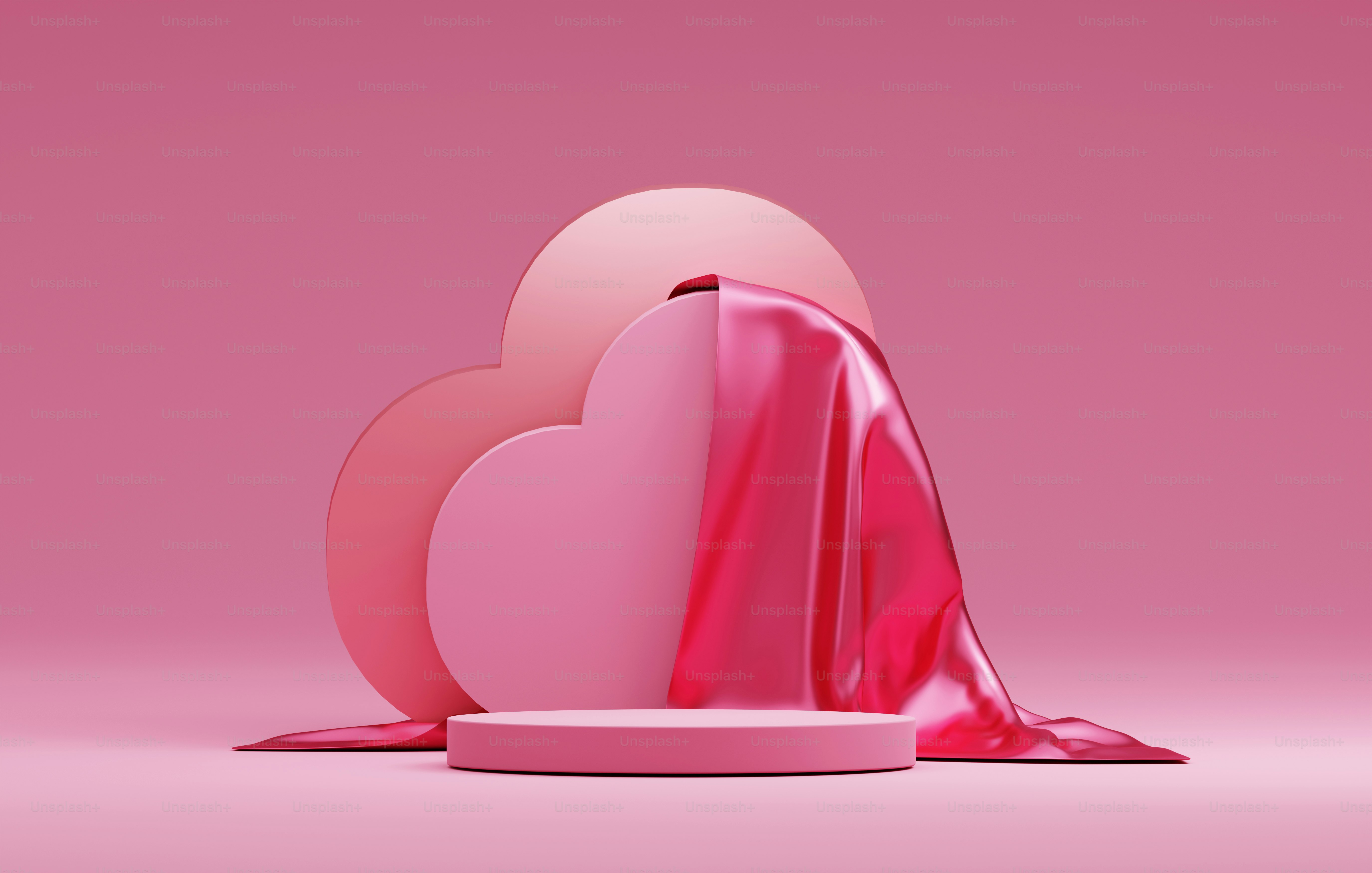 Podiums shaped heart base with pink silk on luxury pink abstract background for valentine. Product presentation abstract studio for displaying products and advertisements. 3D render illustartion