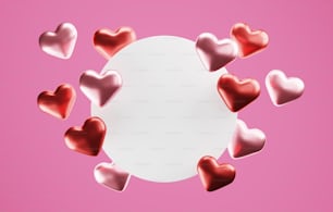 ピンクの背景に赤とピンクのハート型の風船で飾られたテキスト用の白い幾何学的な円、製品や広告を表示するためのバレンタイン抽象スタジオ。3Dレンダリングの錯覚