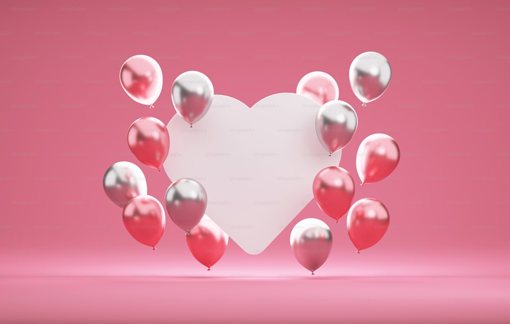 En forma de corazón para texto decorado con globos rosas sobre fondo rosa para presentación de productos de San Valentín Estudio abstracto para mostrar productos y anuncios. Ilustración de renderizado 3D