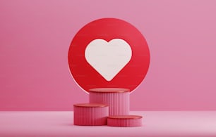 ピンクの背景に表彰台、バレンタイン製品のプレゼンテーション用の囲炉裏の形をした窓、製品や広告を表示するための抽象的なスタジオ。3Dレンダリングの錯覚