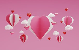 Em forma de coração e céu flutuando no fundo rosa para o estúdio abstrato de apresentação do produto dos namorados para exibir produtos e anúncios. Ilusartação de renderização 3D