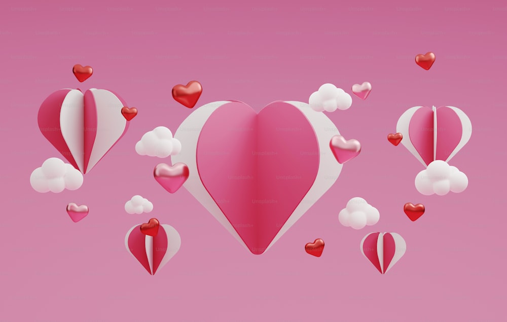 En forma de corazón y cielo flotando sobre fondo rosa para la presentación de productos de San Valentín Estudio abstracto para mostrar productos y anuncios. Ilustración de renderizado 3D