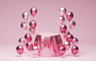 Rosa Seide auf Podesten mit rosa Luftballons luxuriöser rosa abstrakter Hintergrund für Valentinstag. Produktpräsentations-Abstract-Studio zur Anzeige von Produkten und Anzeigen. 3D-Render-Illusion