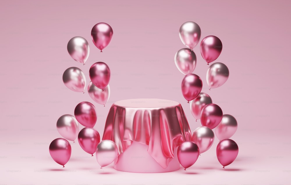 Pink silk on podiums with pink balloons luxury pink abstract background for valentine. Product presentation abstract studio for displaying products and advertisements. 3D render illustartion