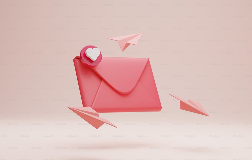 Ícone de envelope com mensagem não lida amor e notificação com plano de papel no fundo rosa Mailing, dando e-mail de amor para saudação do Dia dos Namorados. Ilustração de renderização 3D.