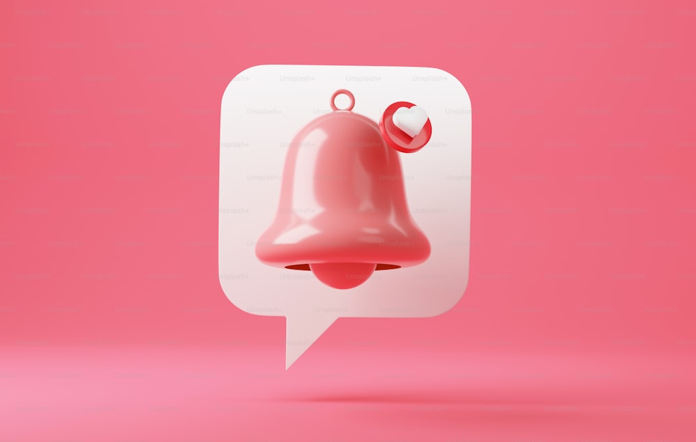 Ícone de coração e balão de fala de texto com notificação de sino de amor no fundo rosa. Serviço de notificação de mensagens de entrada Notificação de mídia social para o Dia dos Namorados. Ilustração de renderização 3D.