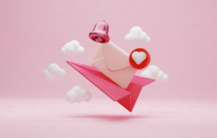 Envelope icon with unread message love and notification bell icon with paper plane on pink background Mailing by giving love email for valentines Day greeting. 3d render illustration.