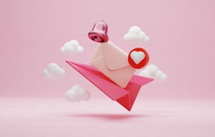 Icona della busta con messaggio non letto Icona della campana di amore e notifica con l'aeroplanino di carta su sfondo rosa Mailing dando email d'amore per San Valentino Auguri di giornata. Illustrazione di rendering 3D.