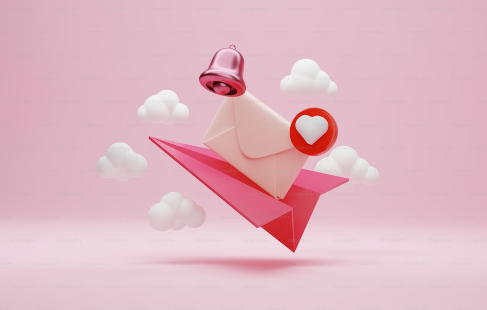 Icono de sobre con mensaje no leído icono de campana de amor y notificación con avión de papel sobre fondo rosa Envío por correo electrónico de amor para el saludo del Día de San Valentín. Ilustración de renderizado 3D.