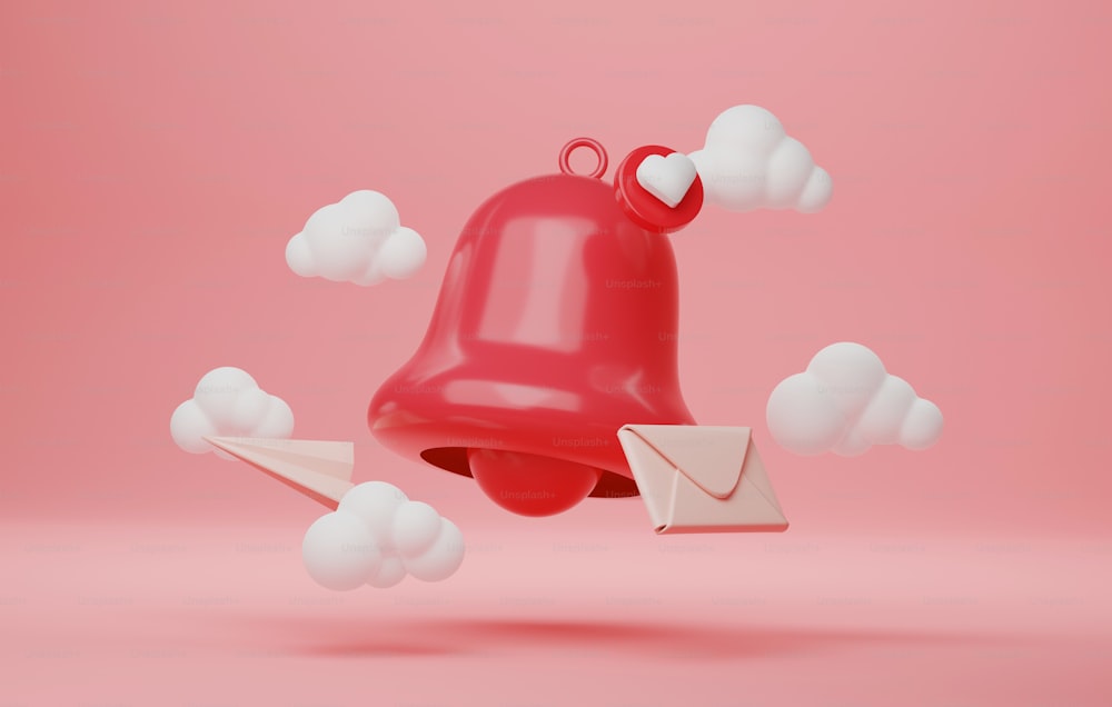 Icône d’enveloppe avec message non lu icône de cloche d’amour et de notification avec avion en papier sur fond rose Envoi en donnant un e-mail d’amour pour les vœux de la Saint-Valentin. Illustration de rendu 3D.