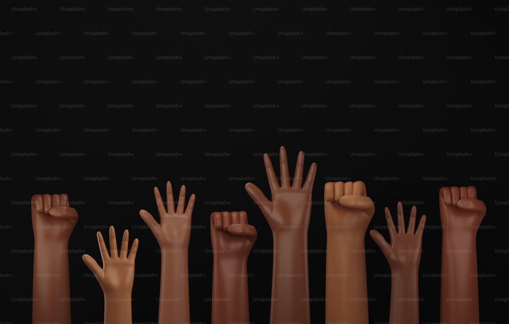검은 배경에 주먹을 들고 있는 사람들 흑인 역사의 달, 갈색 손, 아프리카계 미국인, 평등 기호. 3d 렌더링 일러스트레이션
