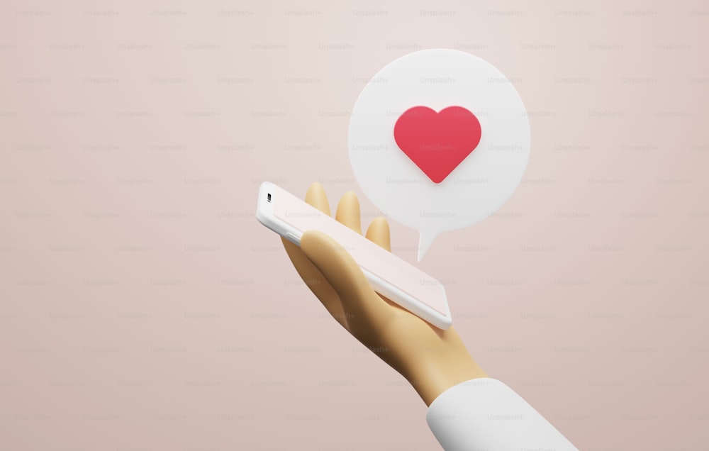 Mobile smartphone with speech bubble heart icon on pink background. post on social media social media for sending love messages to each other. 3d render illustration.