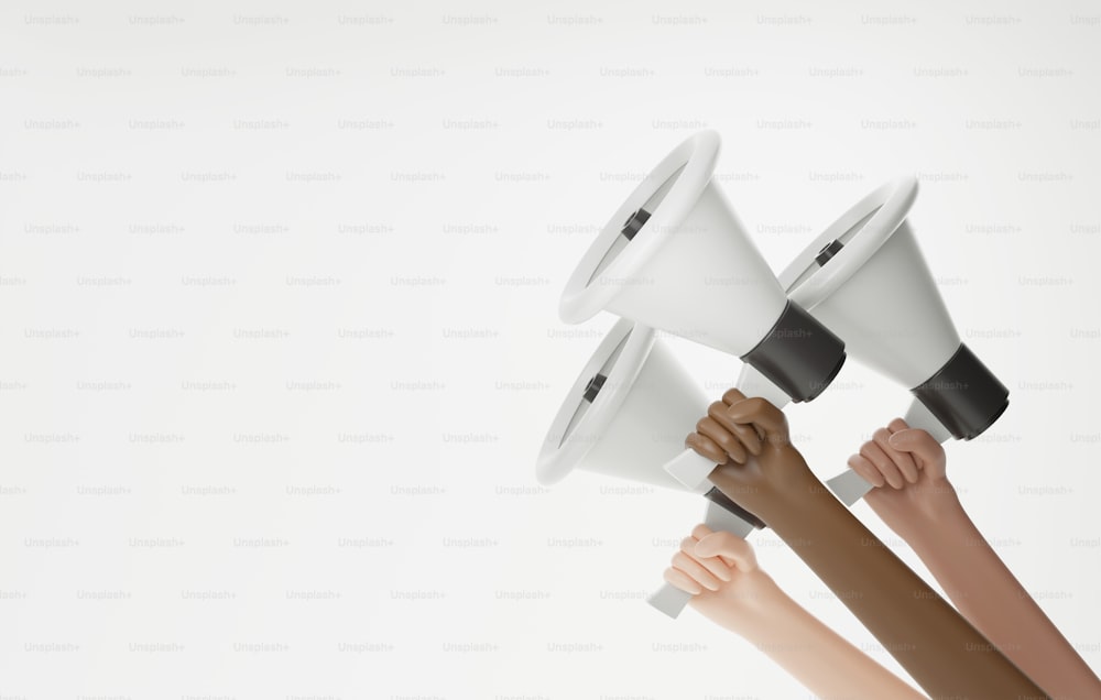 Personas multiétnicas sostienen megáfonos luchando por la igualdad contra el racismo Protesta por discriminación. Ilustración de renderizado 3D.
