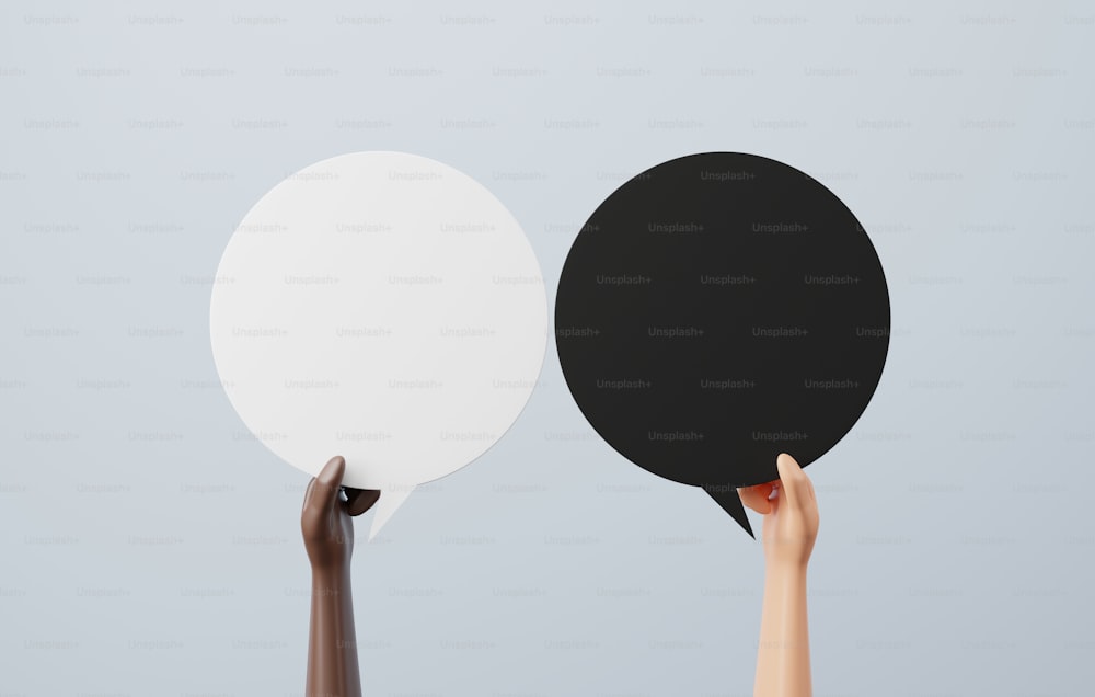 Two ethnic hands holding speech bubble speech bubbles, black and white. Disparities between races and cultures, racial equality, close-up. 3d render illustration