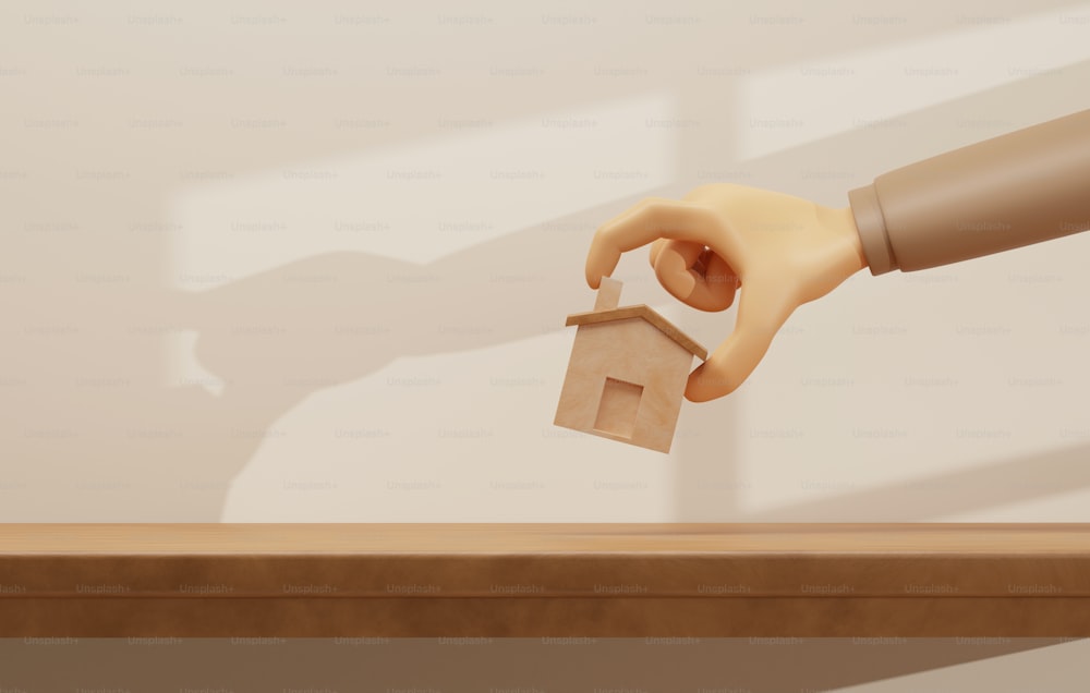 Hand holding a small wooden house model on a wooden table with sunlight. Home warmth and real estate investment. Investment Home Loan. 3D render illustration.