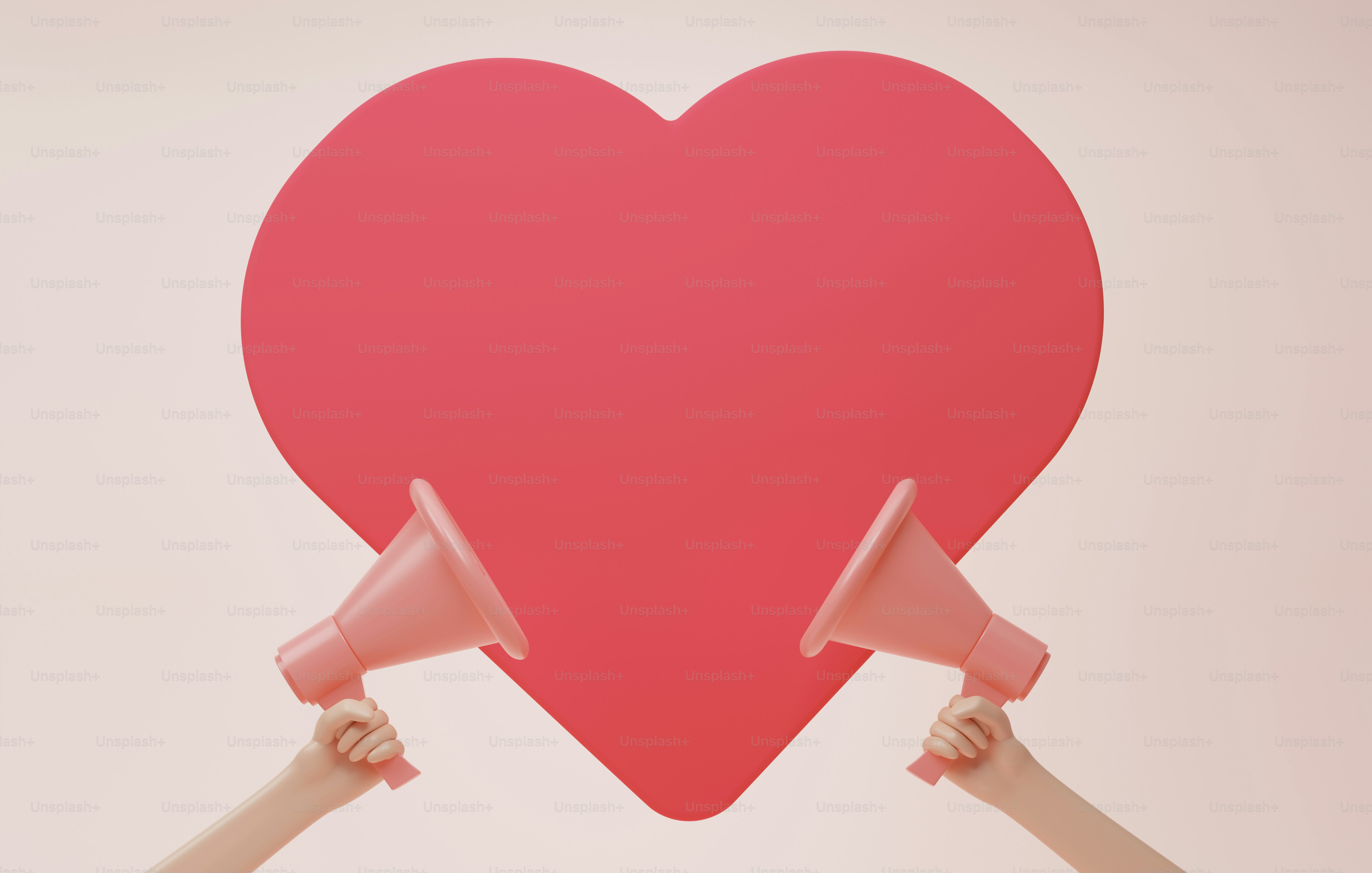 ピンクの背景に大きなハート型の看板とメガホンの手を持つ。バレンタインデーに愛を表現し、テキストを宣伝するスペース。3Dレンダリングイラスト。