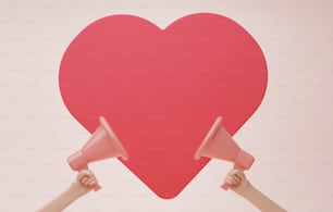Grande insegna a forma di cuore con mano del megafono che tiene su sfondo rosa. Esprimere amore a San Valentino e spazio per il testo pubblicitario. Illustrazione di rendering 3D.