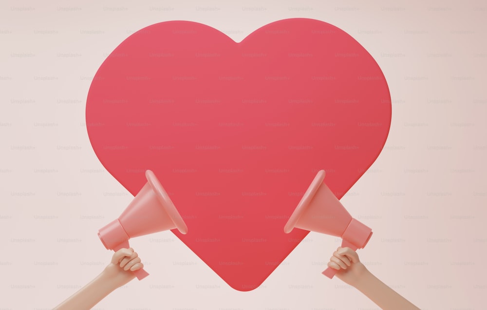 Panneau en forme de grand cœur avec main de mégaphone sur fond rose. Exprimer son amour le jour de la Saint-Valentin et un espace pour le texte publicitaire. Illustration de rendu 3D.