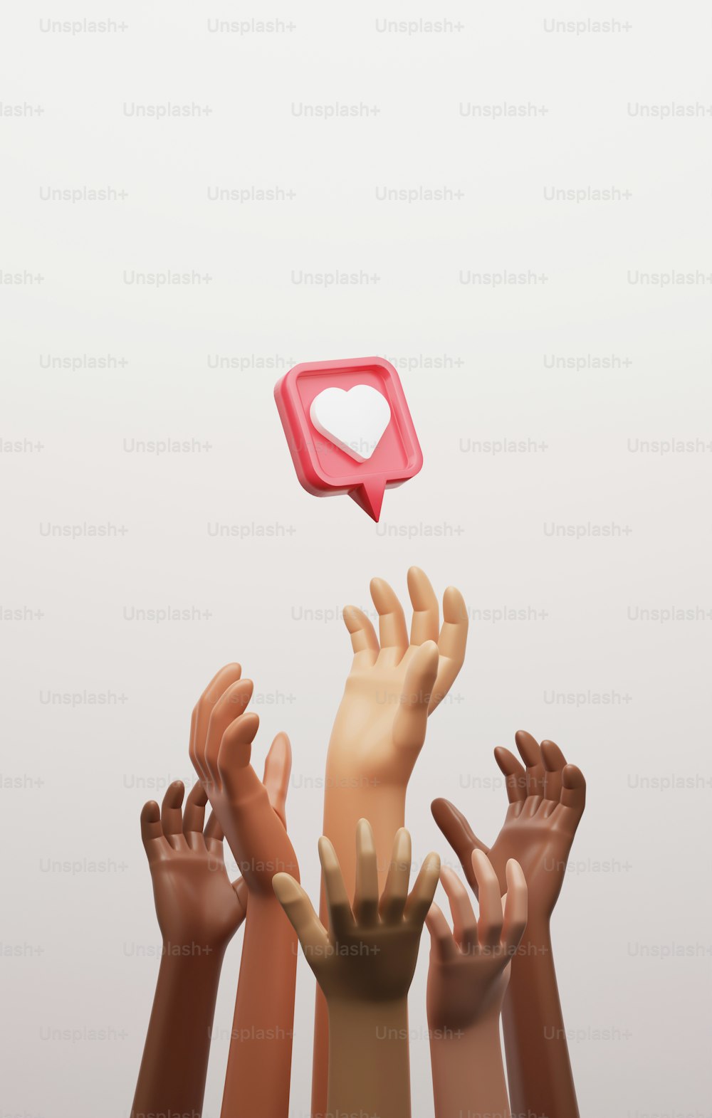 多民族グループが赤いピンのハートアイコンに手を差し伸べる
名声の競争とソーシャルメディアでの受け入れ。3Dレンダリングイラスト。