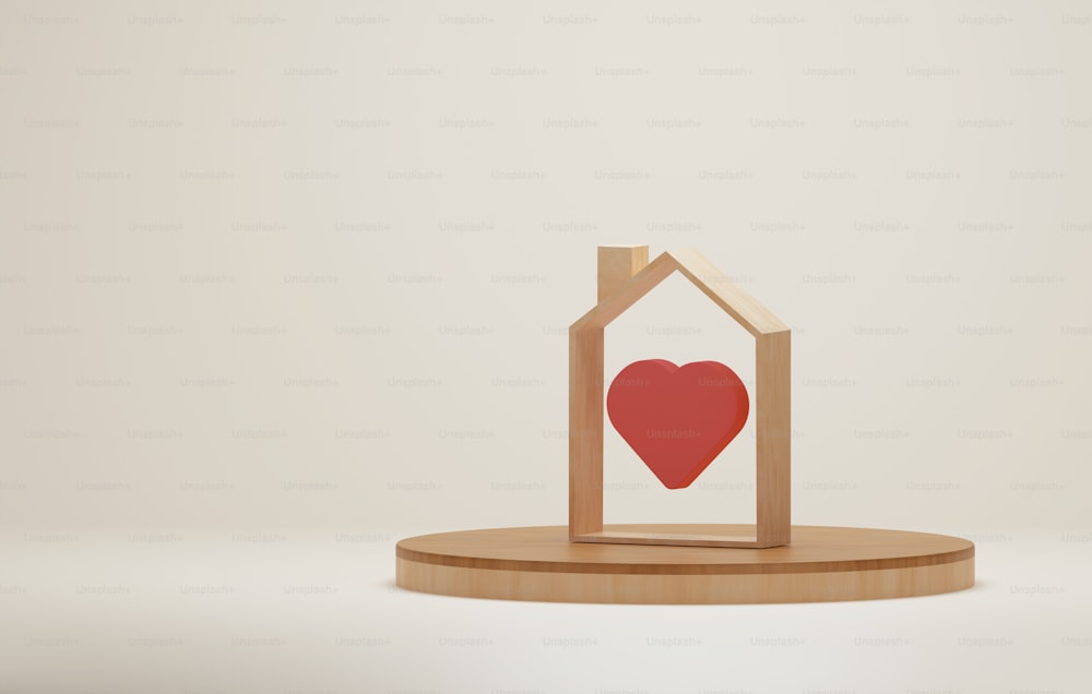 Wooden house with heart icon on wooden podium, family love home warmth and real estate investment. 3D render illustration.