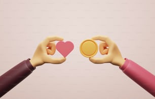 Mano sosteniendo la moneda y sosteniendo el icono del corazón sobre fondo rosa. Dar amor y donaciones para ayudar a la sociedad, caridad y ayuda. Ilustración de renderizado 3D.