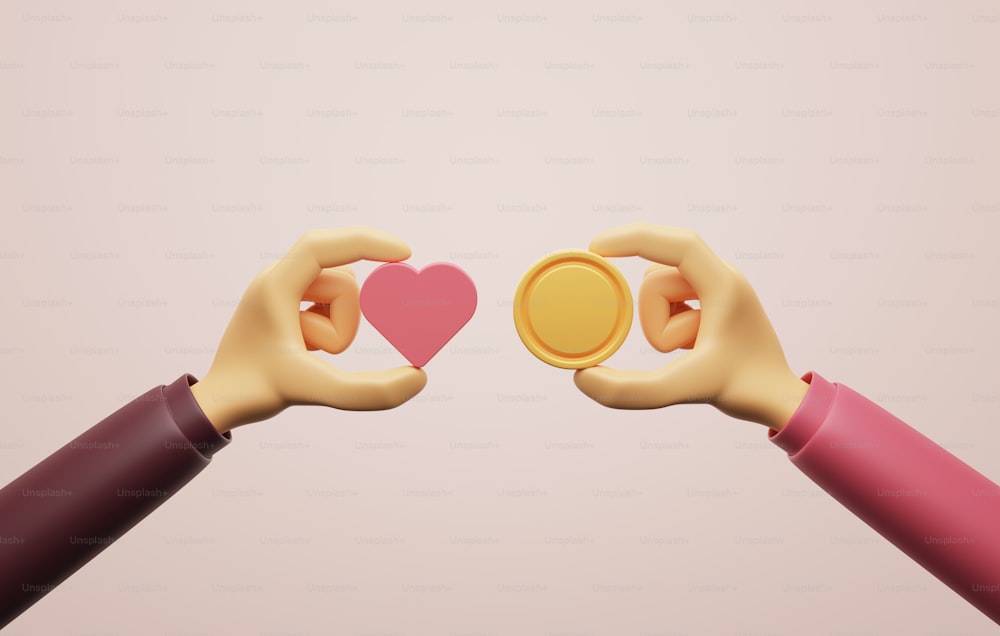 Hand hält Münze und hält Herz Symbol auf rosa Hintergrund. Liebe und Spenden geben, um der Gesellschaft, der Nächstenliebe und der Hilfe zu helfen. 3D-Render-Illustration.