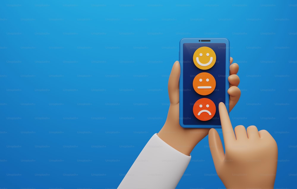 Customer satisfaction survey with happy face emoticons Excellent feedback on customer products and services. Face icon on smartphone blue background. 3D render illustration