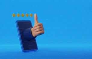 Thumbs up hand and star icon in smartphone on white background Like ratings, satisfaction, feedback, comments, positive reviews from success.3d render illustration.