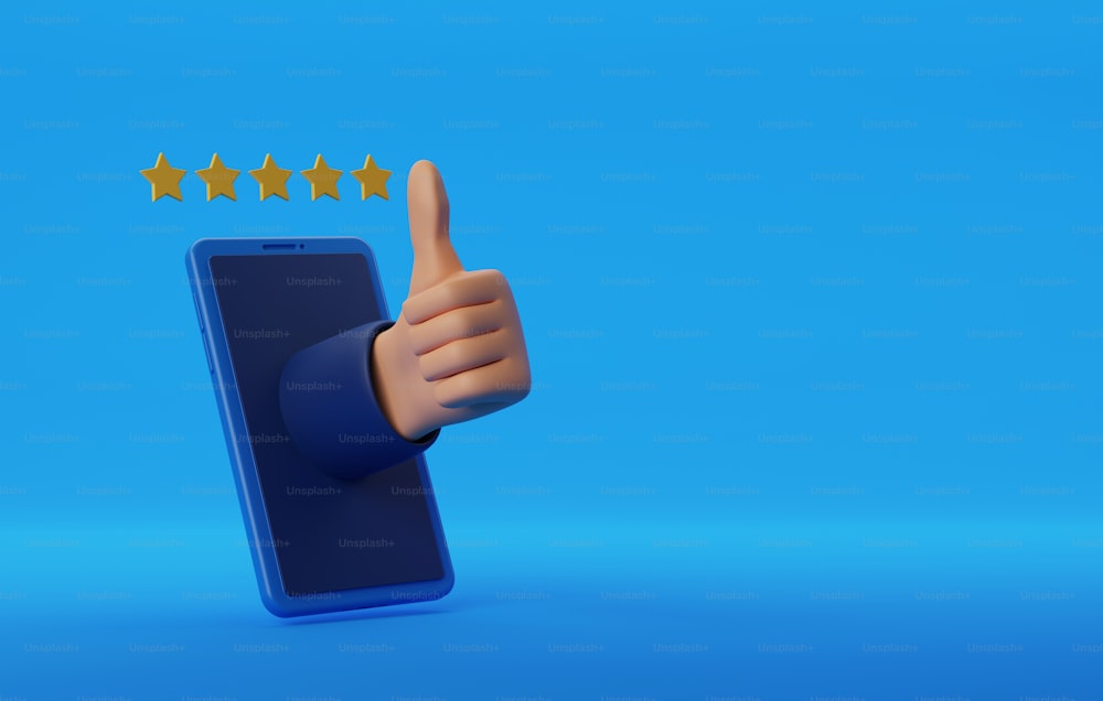 Polegares para cima mão e ícone de estrela no smartphone no fundo branco Como classificações, satisfação, feedback, comentários, críticas positivas de sucesso.3d renderizar ilustração.