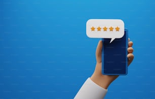 Valutazioni dei clienti su smartphone. Valutazione del feedback sulla soddisfazione recensioni positive degli utenti per l'utilizzo del servizio o del prodotto. Illustrazione di rendering 3D.