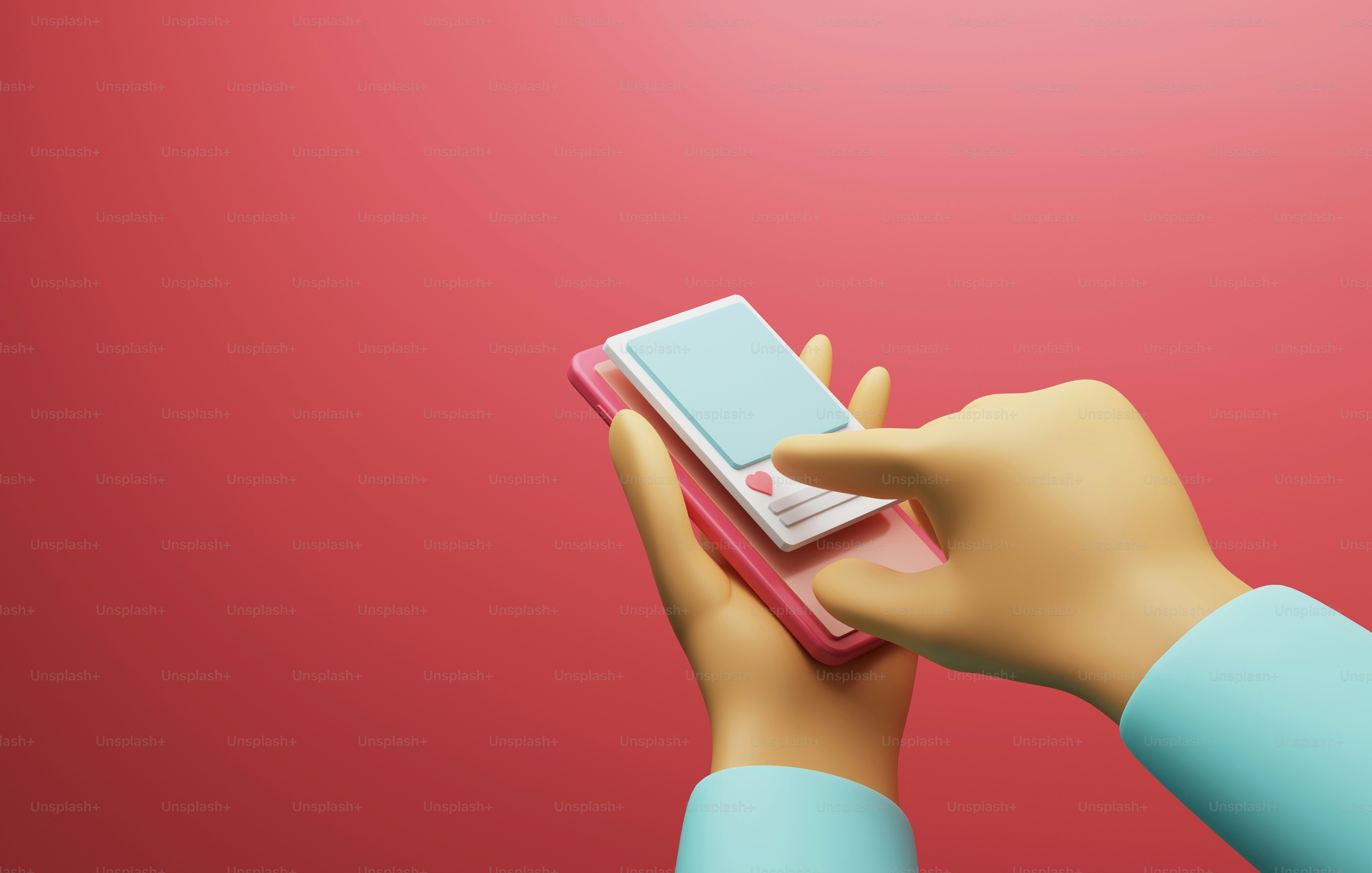 Hand press likes on mobile smartphone on pink background Like a post on social media. 3d render illustration.