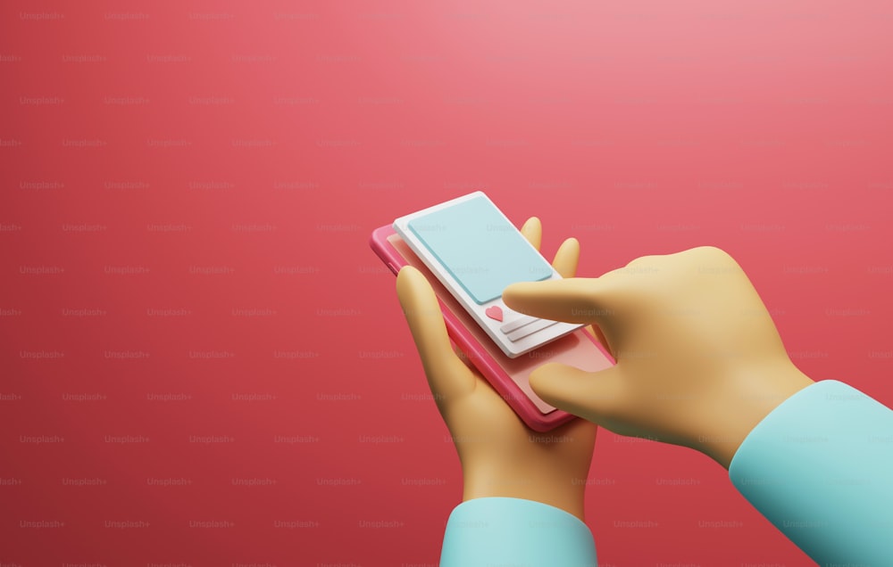 Presione los gustos de la mano en el teléfono inteligente móvil sobre fondo rosa Como una publicación en las redes sociales. Ilustración de renderizado 3D.