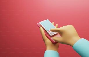 Handdrücken Sie Likes auf dem Handy-Smartphone auf rosa Hintergrund Wie ein Beitrag in den sozialen Medien. 3D-Render-Illustration.