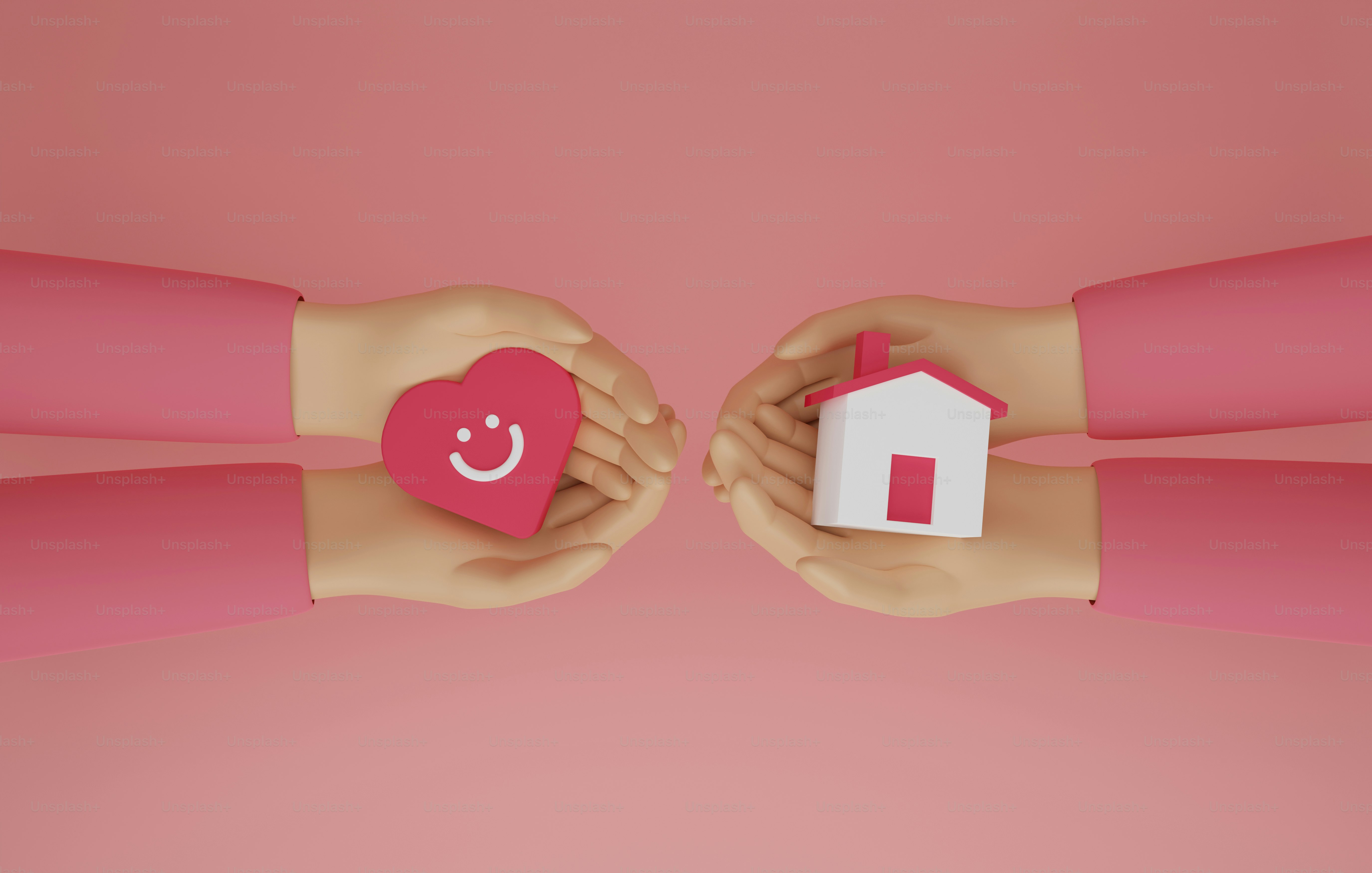 Couple's hands embracing house icon in heart shape Creating a family with love, starting a love in a new home real estate insurance. 3d render illustration.