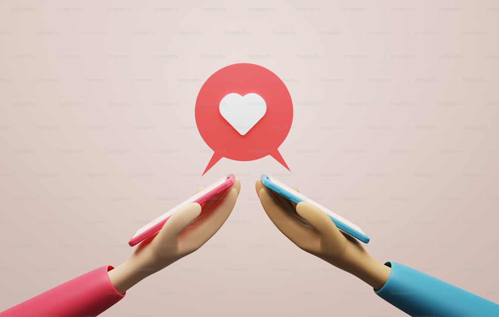 Smartphone mobile con icona a forma di cuore a fumetto su sfondo rosa. Pubblica sui social media social media per inviarsi messaggi d'amore l'un l'altro. Illustrazione di rendering 3D