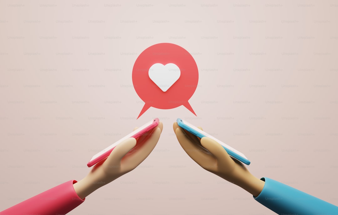 Mobile smartphone with speech bubble heart icon on pink background. post on social media social media for sending love m