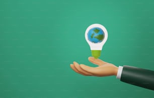 Globe in light bulb floating above businessman hand on green background. Clean energy consumption and global sustainable environmental protection, ESG for the environment. 3D render illustration.
