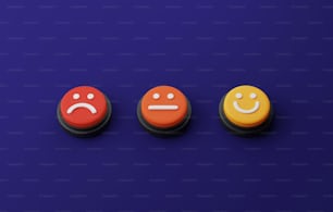 紫の背景に顔アイコン絵文字ボタンを使用した顧客満足度調査。顧客の製品やサービスに関する素晴らしいフィードバック。3Dレンダリングイラスト