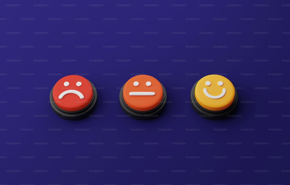 Encuesta de satisfacción del cliente con botón de emoticono de icono de cara sobre fondo violeta. Gran retroalimentación sobre los productos y servicios de los clientes. Ilustración de renderizado 3D