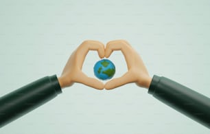 Mani fatte a forma di cuore che mostrano amore per la terra su uno sfondo verde. Energia verde, ESG, risorse rinnovabili Protezione e cura dell'ambiente ed ecologia per il pianeta. Illustrazione di rendering 3D.