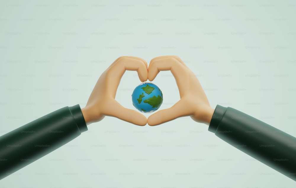 Hände in Form eines Herzens, die die Liebe zur Erde auf grünem Hintergrund zeigen. Grüne Energie, ESG, erneuerbare Ressourcen Schutz und Pflege der Umwelt und Ökologie für den Planeten. 3D-Render-Illustration.