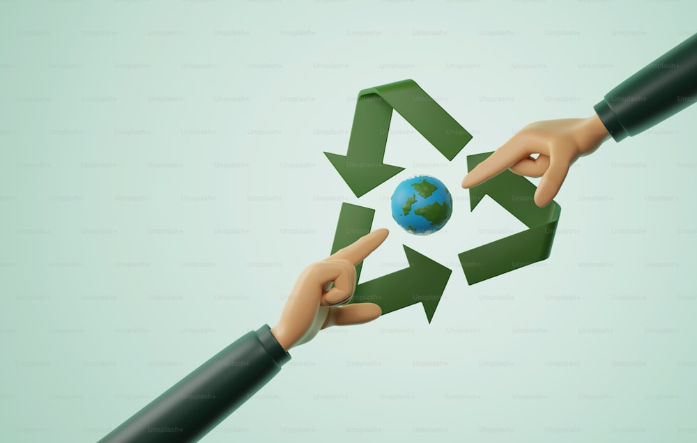 Manos tocando globo terráqueo con reciclaje sobre fondo verde. Reutilización consciente del medio ambiente y energía verde, ESG, recursos renovables, sostenibilidad ambiental. Ilustración de renderizado 3D.