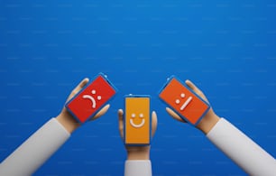 Sondaggio sulla soddisfazione dei clienti con emoticon di faccine felici Ottimo feedback sui prodotti e servizi dei clienti. Icona del viso su sfondo blu dello smartphone. Illustrazione di rendering 3D
