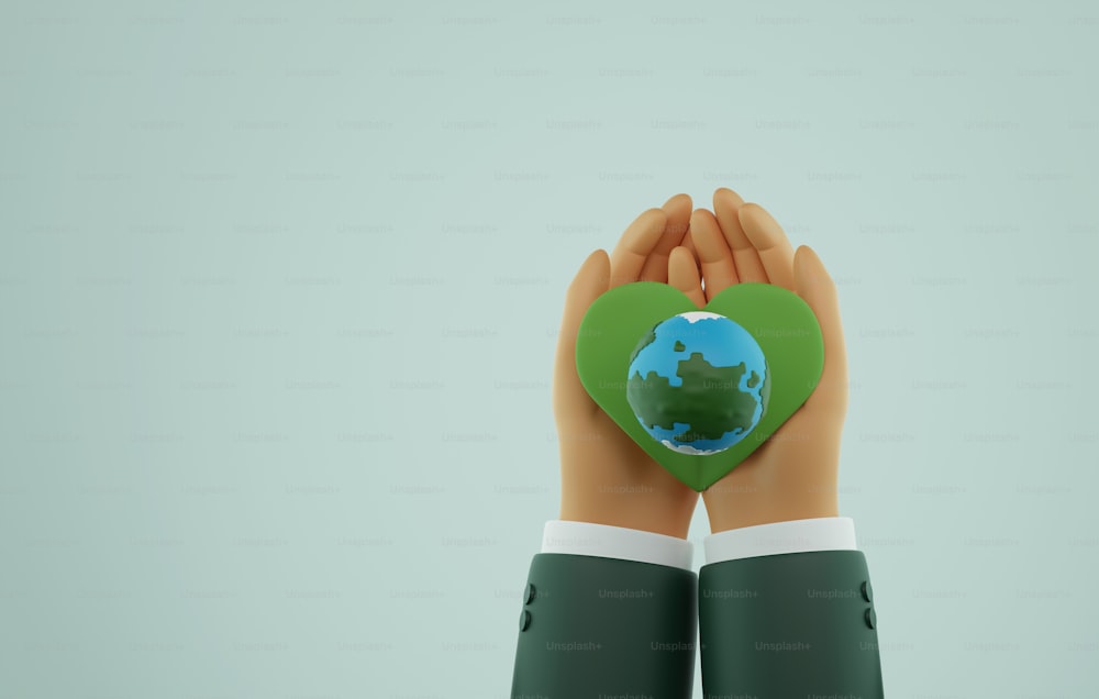 Hands touching earth and leaves heart shape on green background. Green energy, ESG, renewable resources Global environmental sustainability, environmental protection. 3d render illustration.