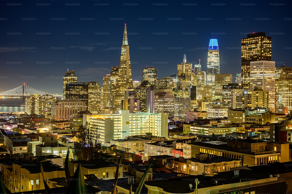 Una vista di uno skyline della città di notte