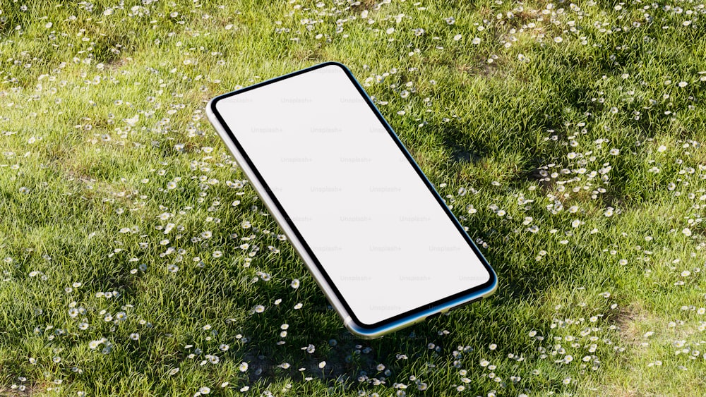 an overhead view of a white rectangular object in a field of grass