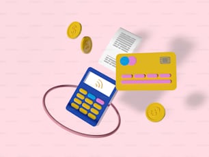 une carte de crédit et une calculatrice sur fond rose