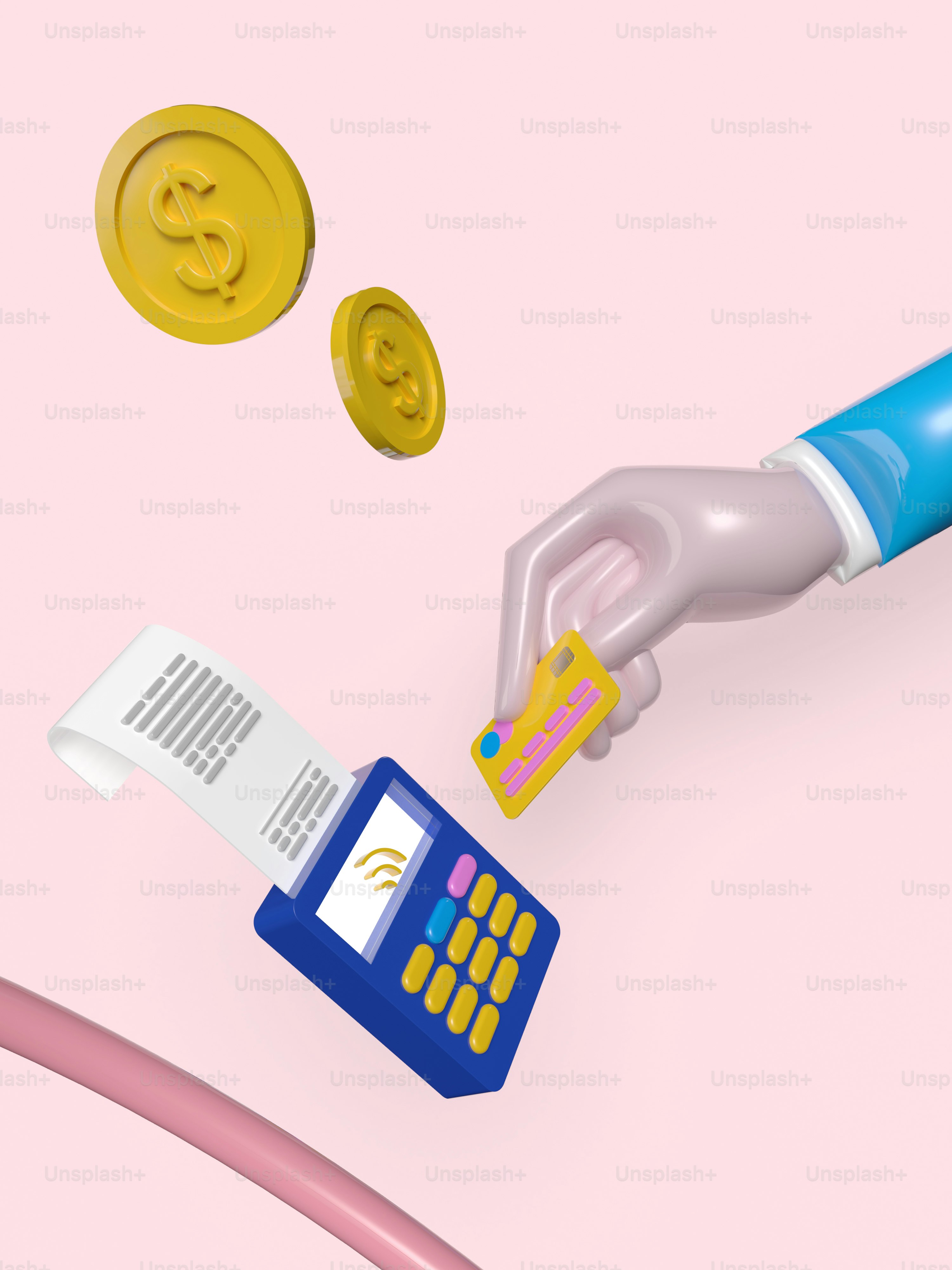 eine Plastikhand, die ein Handy neben einer Münze hält